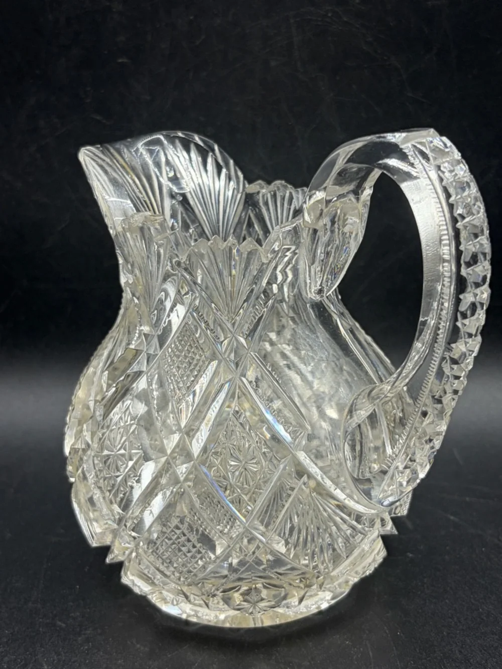 TW Signed Vintage Cut Crystal Jug Pitcher Creamer Pourer Vessel Tableware Decor